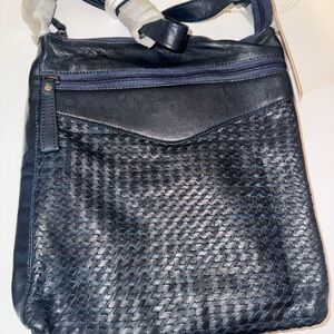 Navy Woven Leather Crossbody Bag
